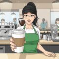 Starbucks barista serving coffee.