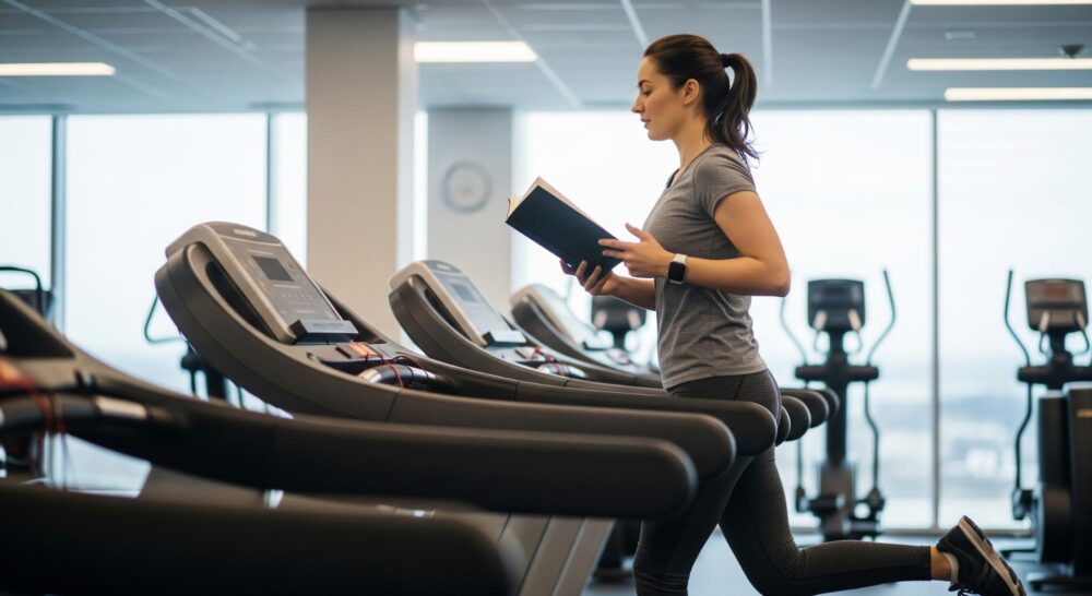woman reading book on treadmill