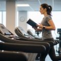 woman reading book on treadmill