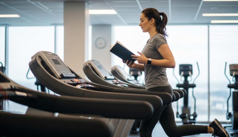 woman reading book on treadmill
