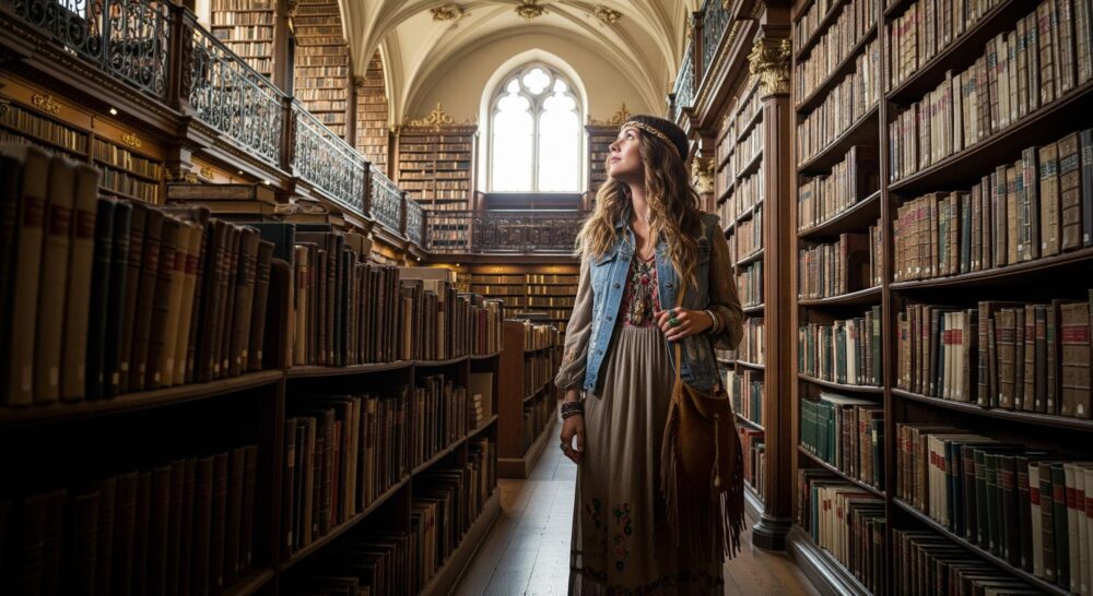woman exploring thought-provoking books in library