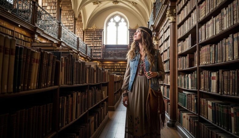 woman exploring thought-provoking books in library