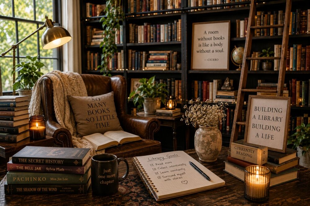 reader displaying a personal home library collection as part of modern intentional living lifestyle