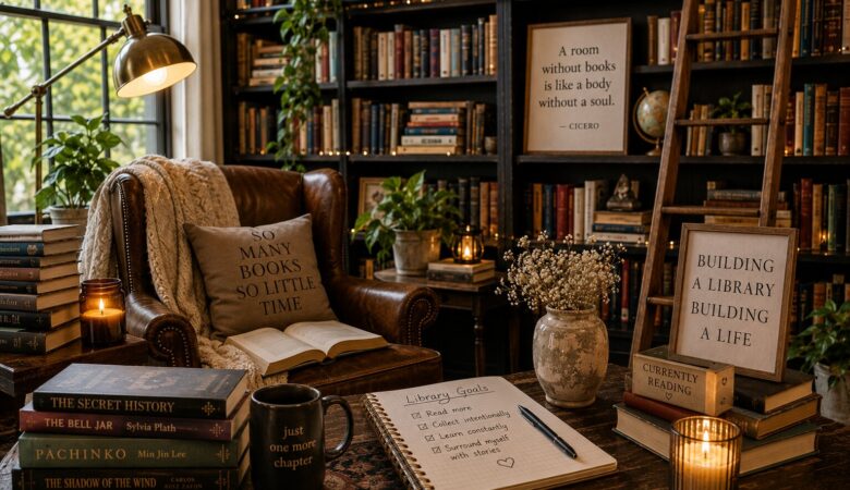 reader displaying a personal home library collection as part of modern intentional living lifestyle