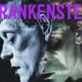 Illustration of Frankenstein's creature and a masked human silhouette