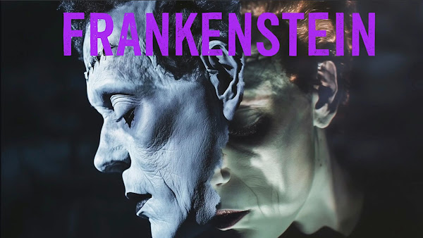 Illustration of Frankenstein's creature and a masked human silhouette