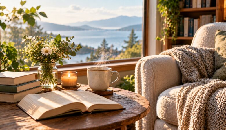 Cozy stack of quiet Sunday afternoon books