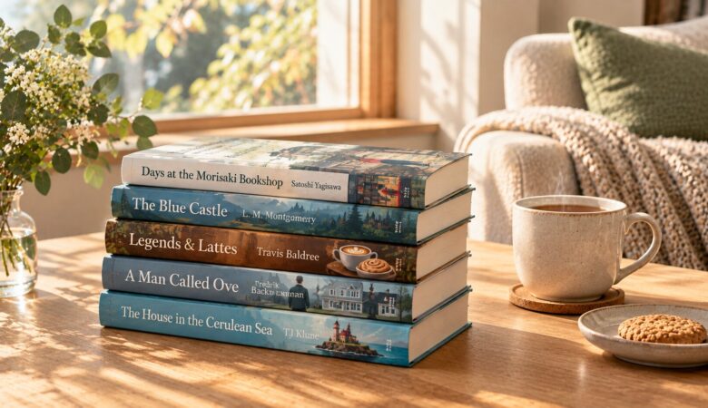 Cozy stack of quiet Sunday afternoon books