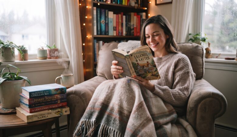 Woman reading comfort fiction in a cozy setting